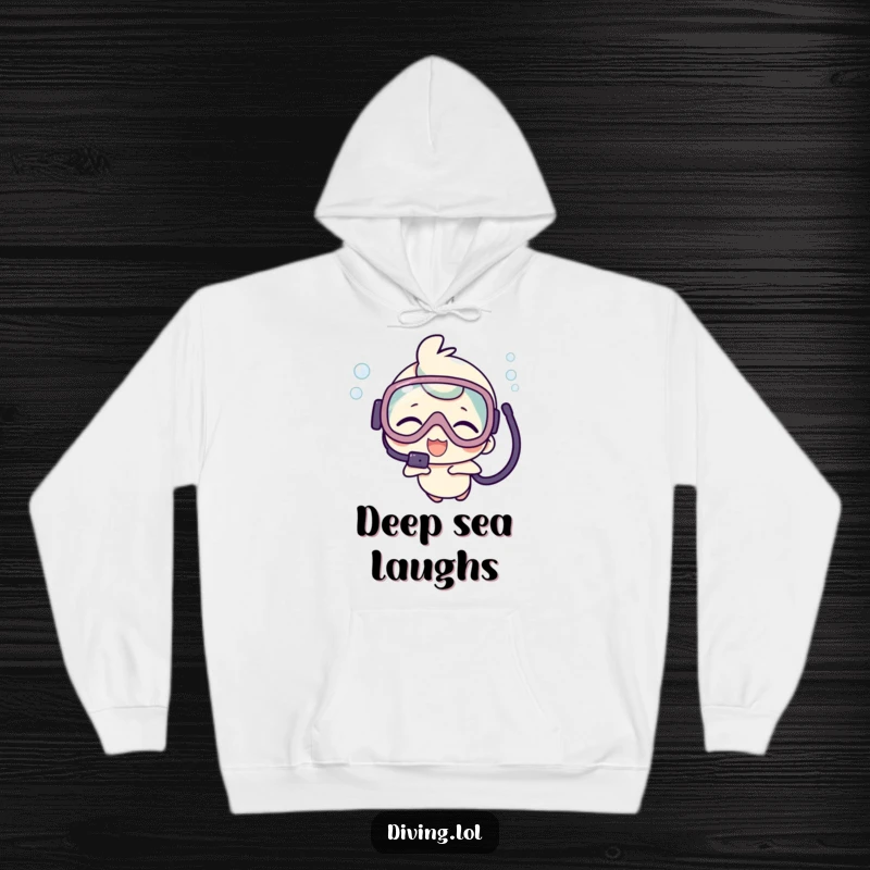 Funny hoodie featuring a cute kawaii character in scuba gear, joyfully giggling deep beneath the ocean surface.