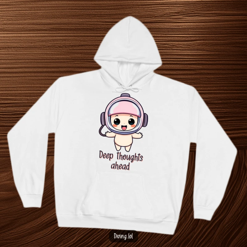 Funny diving helmet hoodie featuring a character in an oversized helmet, bobbing happily with a cheerful expression, perfect for cozy, humorous vibes.