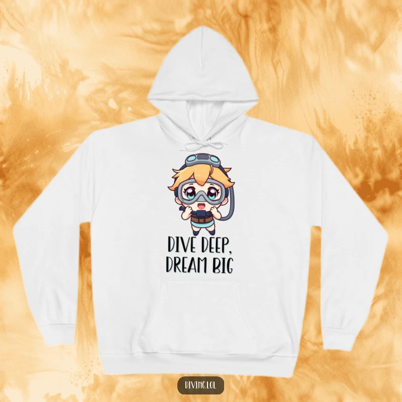 Funny hoodie depicting a character intensely inspecting a dive mask with eager, wonder-filled eyes, ready for adventure.