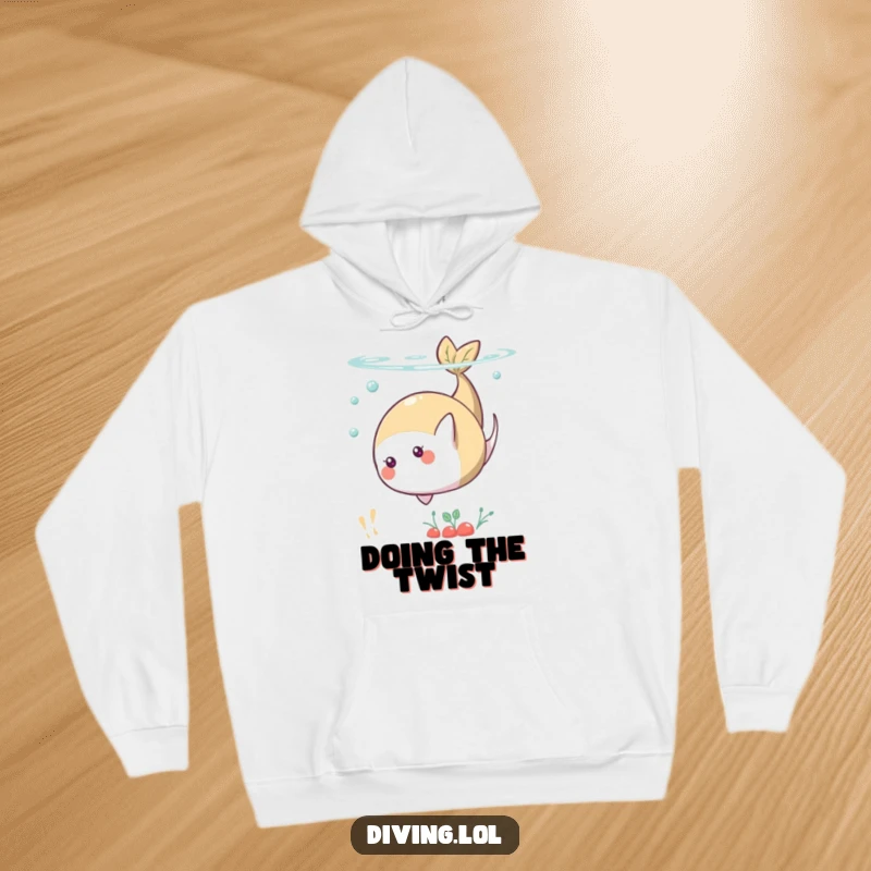 Funny hoodie featuring a playful food character doing a somersault underwater, designed for cozy comfort and a humorous touch.