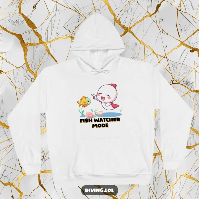 Funny fish pointer hoodie featuring an excited character pointing towards a nearby swimming fish, radiating joy and a love for exploration.