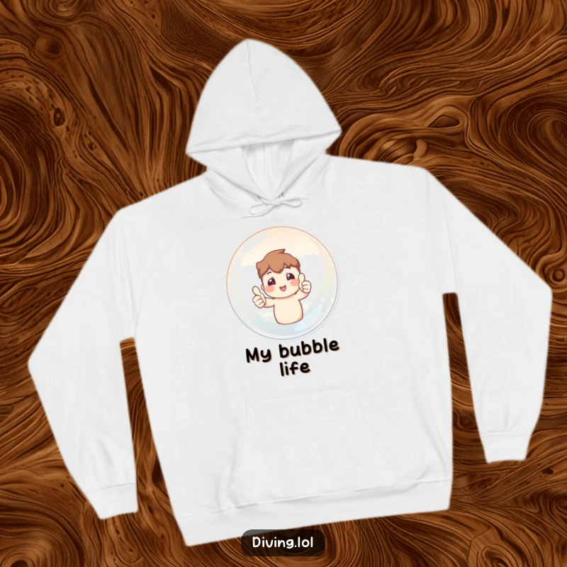 Funny hoodie with a character inside a large bubble cheerfully giving two thumbs up, perfect for cozy comfort.