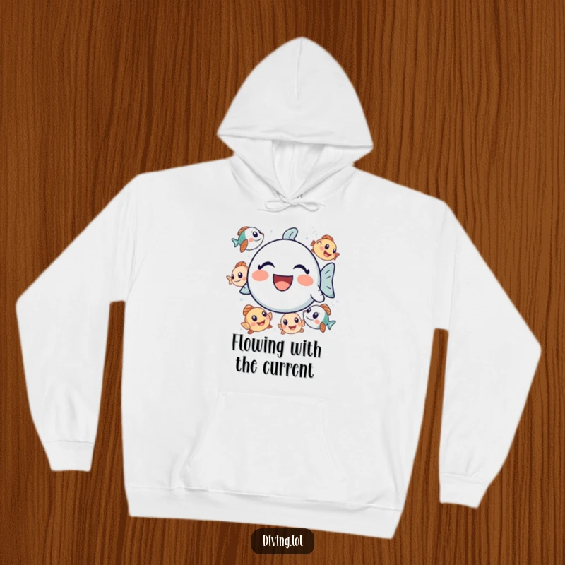 Funny bubbly icon hoodie, laughing surrounded by curious fish, a comfortable and humorous wearable for ocean enthusiasts.