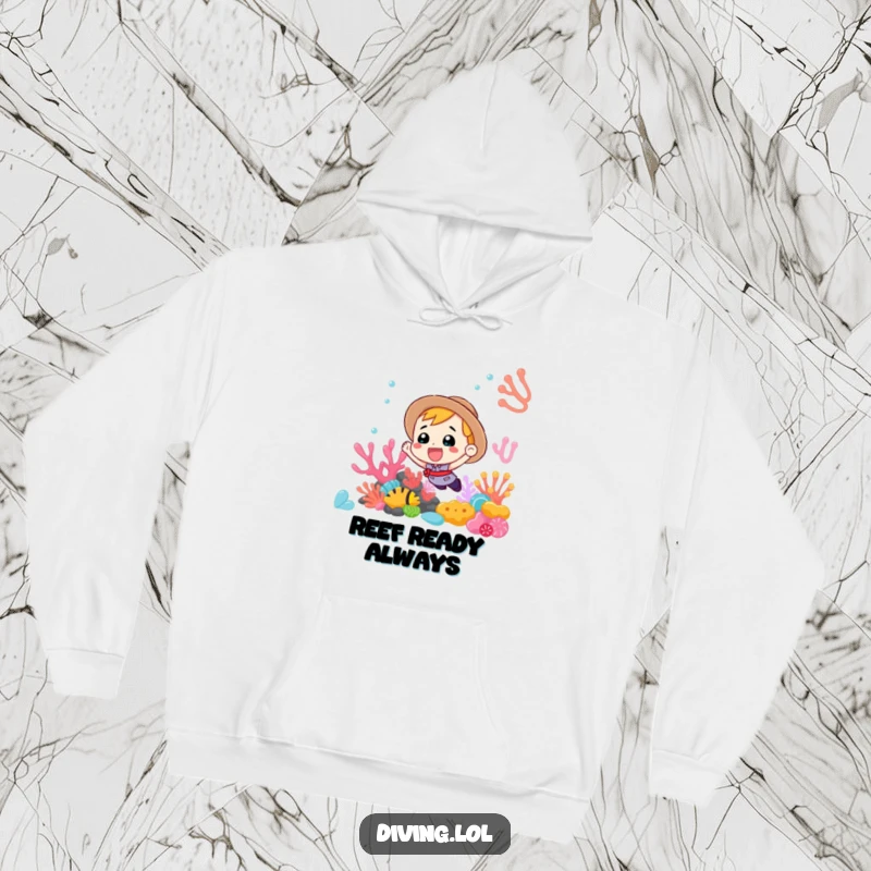 Funny Hoodie depicting a happy diver exploring a detailed, colorful coral reef, capturing the excitement of ocean discovery.
