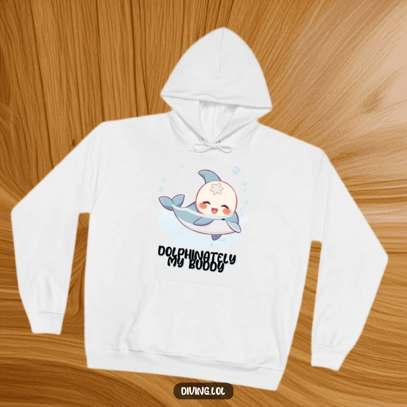 Funny sweet creature hoodie, gleefully swimming with a playful dolphin, a comfortable and humorous wearable for ocean enthusiasts.