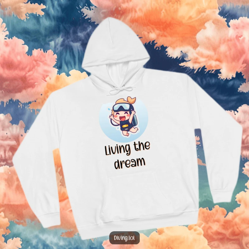 Funny Hoodie with a character laughing heartily while dangling precariously from a scuba tank, a humorous take on diving.