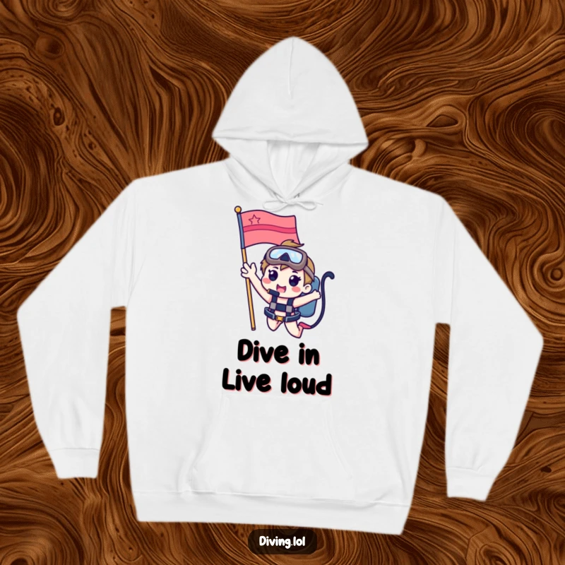 Funny hoodie with a cute character waving happily from a dive flag, offering cozy comfort and a reminder of underwater adventures.
