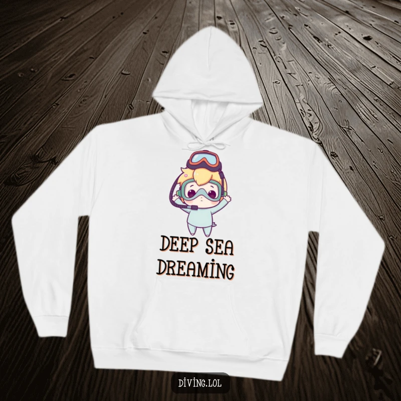 Funny hoodie depicting a character with a dive mask atop their head in a state of delighted clumsiness, ready for adventure.