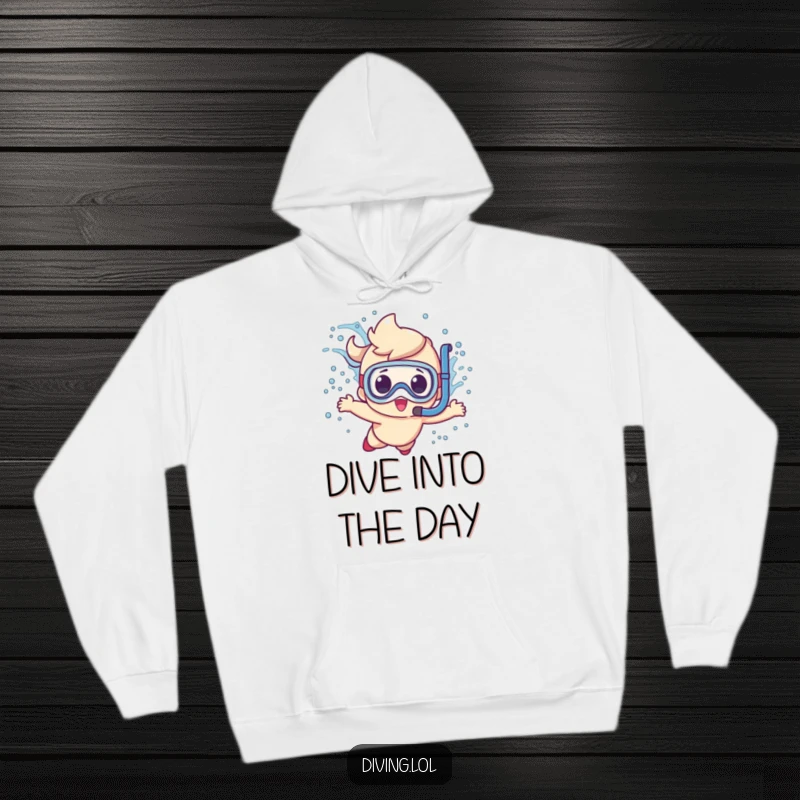 Funny cute character hoodie, creating a large splash while diving underwater with a snorkel, a cozy and funny gift.