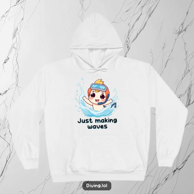 Funny hoodie featuring a smiling diver character creating a playful splash, perfect for cozying up after an adventure.