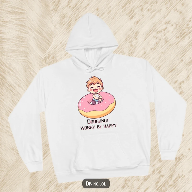 Funny, cozy hoodie showing a gleeful character with a huge smile, riding atop a giant inflatable donut, radiating pure, sweet happiness.