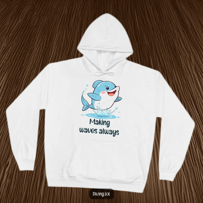 Funny fins hoodie featuring a character gleefully kicking their fins, creating a dynamic spray of water in a cozy and humorous design.