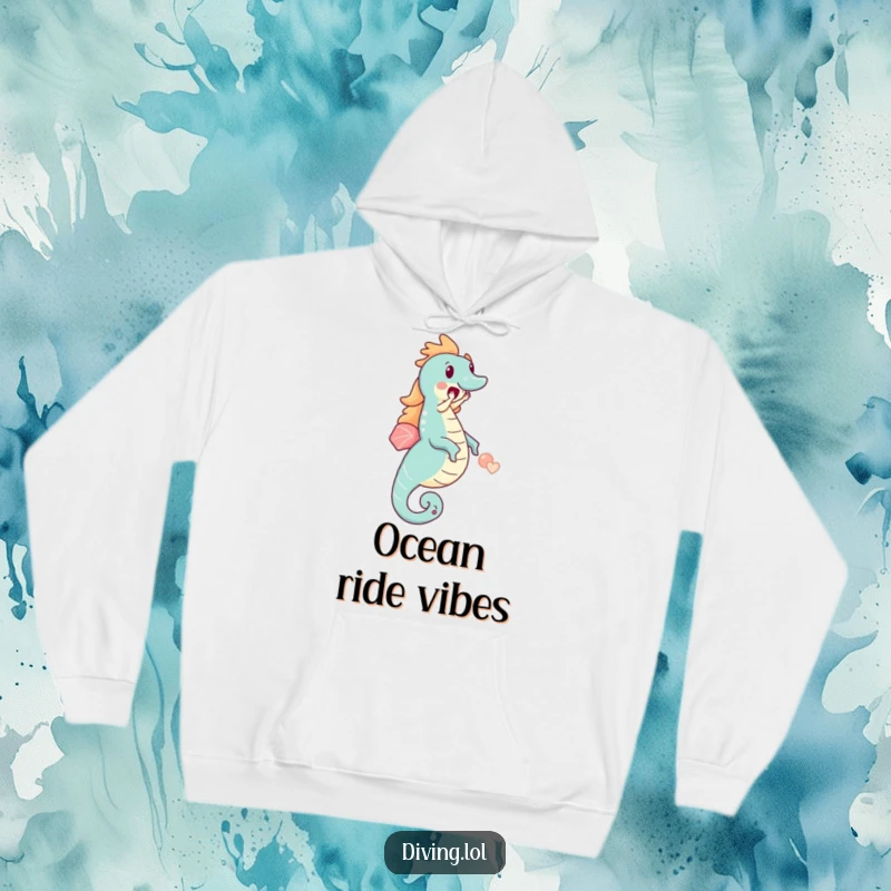 Funny hoodie showcasing a small character's ecstatic ride on an oversized seahorse, highlighting pure delight and a fantasy ocean voyage.