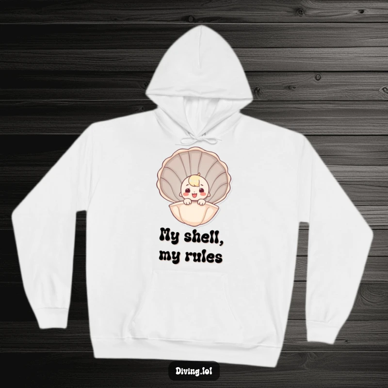 Funny hoodie with a whimsical character peeking out of a giant seashell with a happy smile, perfect for cozy days.