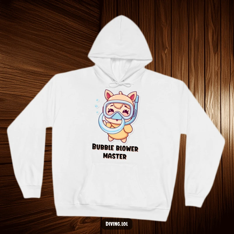 Funny snorkel mask hoodie featuring a character happily blowing a large bubble ring, radiating cheerful underwater vibes and cozy comfort.