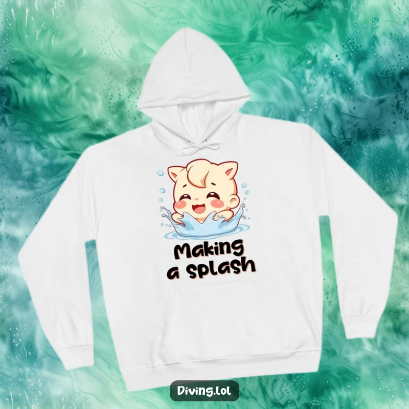 Funny Splash Character Hoodie: A character gleefully splashes water with a playful grin, surrounded by water droplets, radiating joy.
