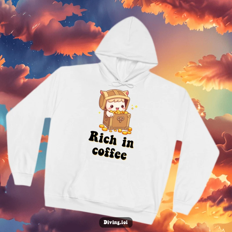 Funny Hoodie: A cute character clutching a treasure chest overflowing with glittering coins, offering warmth and a humorous spin on riches.
