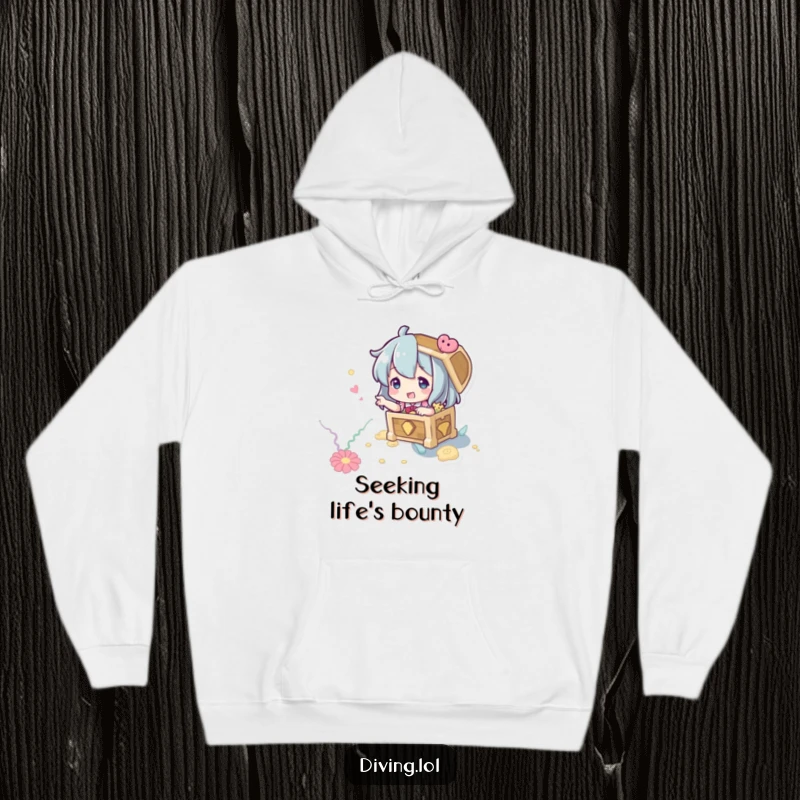 Funny Treasure Hunter Hoodie: A character playfully gesturing to an imagined treasure chest on the seabed.