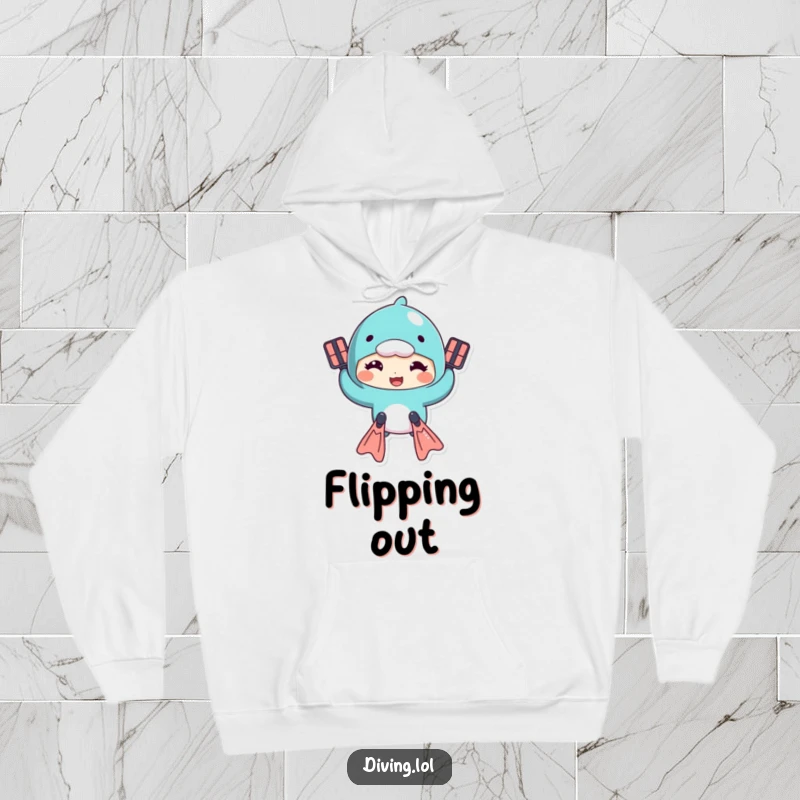 Funny hoodie featuring a character in flippers with a goofy expression, pretending to swim with great enthusiasm.