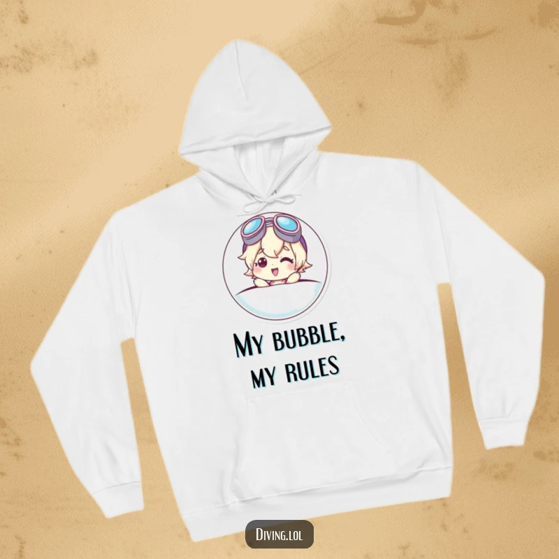 Funny hoodie featuring a cute character joyfully popping from a bubble, wearing askew goggles and a big smile, ideal for cozy fun.