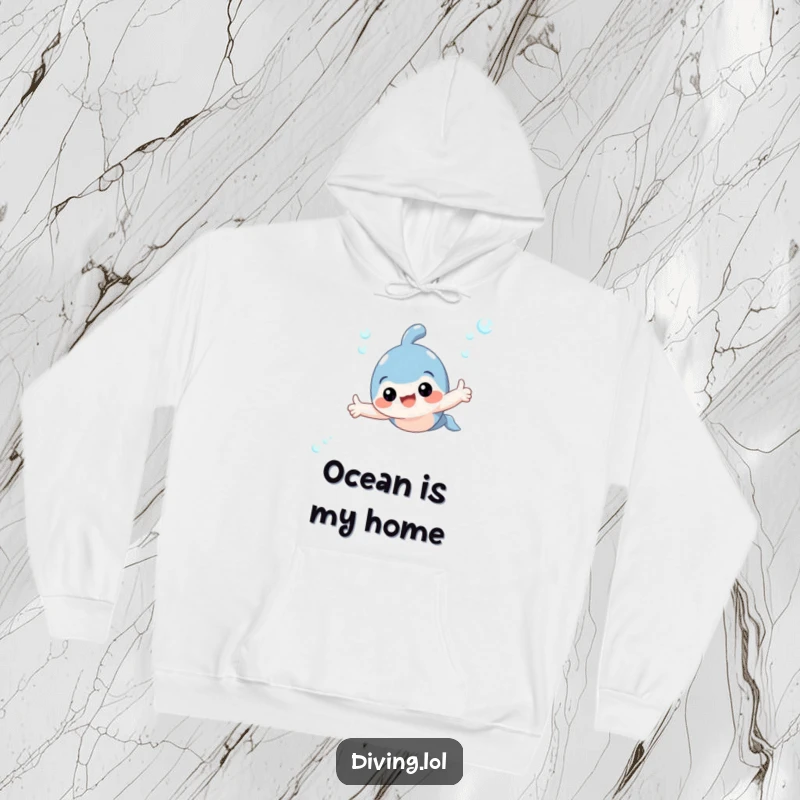 Funny hoodie showcasing a delightful character swimming with a big smile and an encouraging thumbs up, surrounded by underwater bubbles.
