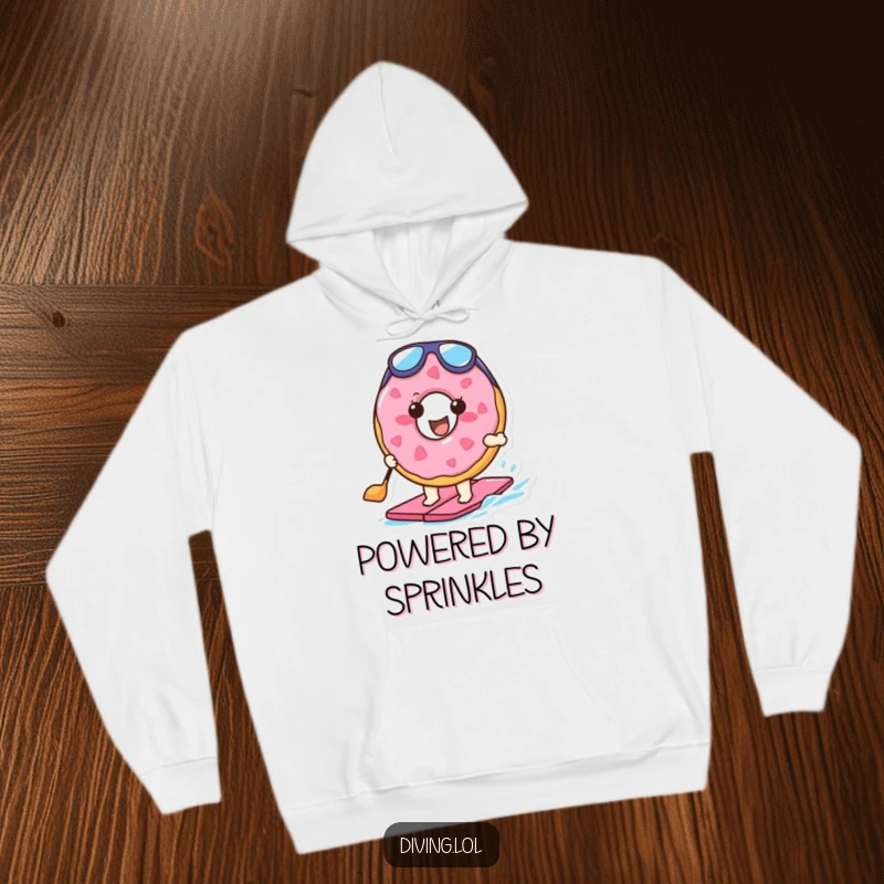 Funny hoodie featuring a smiling doughnut character wearing flippers, paddling enthusiastically, designed for ultimate comfort and humor.