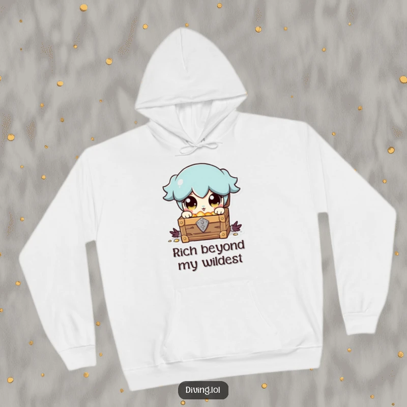 Funny hoodie with a character displaying wide, shiny eyes upon finding a treasure chest, conveying immense surprise and happiness.