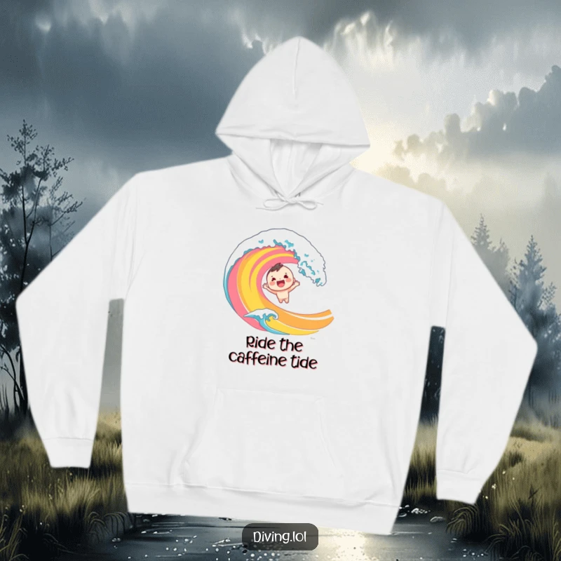 Funny hoodie featuring a cheerful character diving headfirst into a large, dynamic wave. A warm and humorous apparel choice.