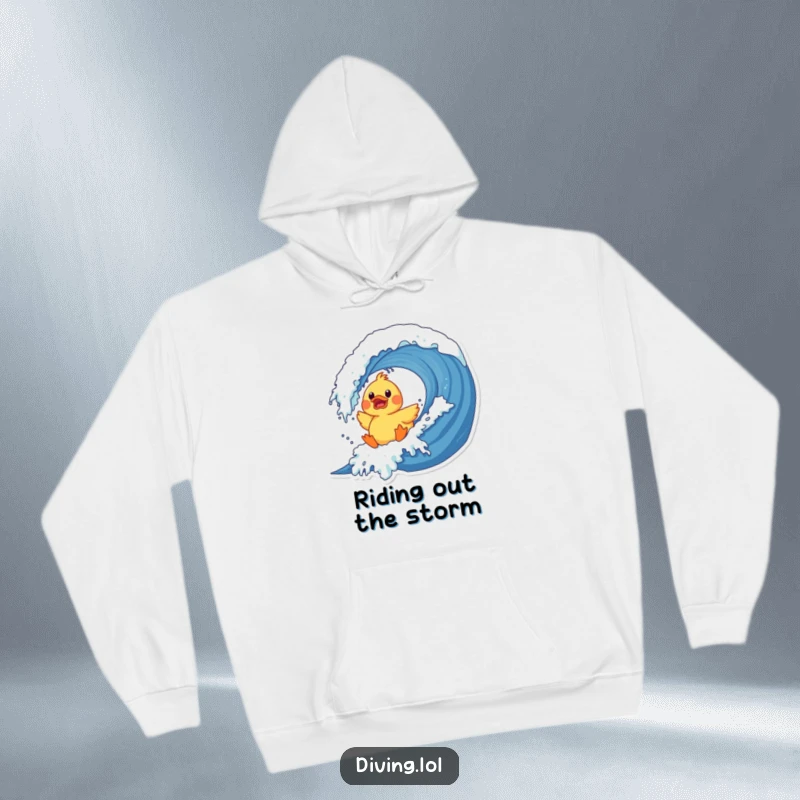 Funny duck wave hoodie with a surprised rubber duck character crashing into a giant wave, a warm and humorous apparel item.