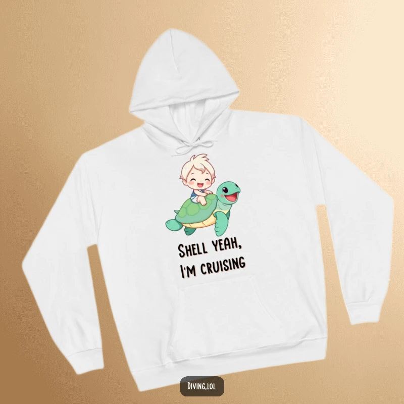 Funny Hoodie: A smiling character enjoys a peaceful ride on a giant, happy sea turtle, radiating good vibes.