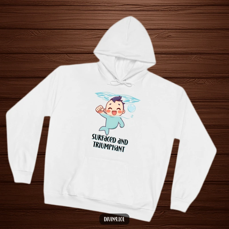 Funny hoodie showing a character emerging from water, triumphantly pumping a fist with a happy bubble trailing behind.
