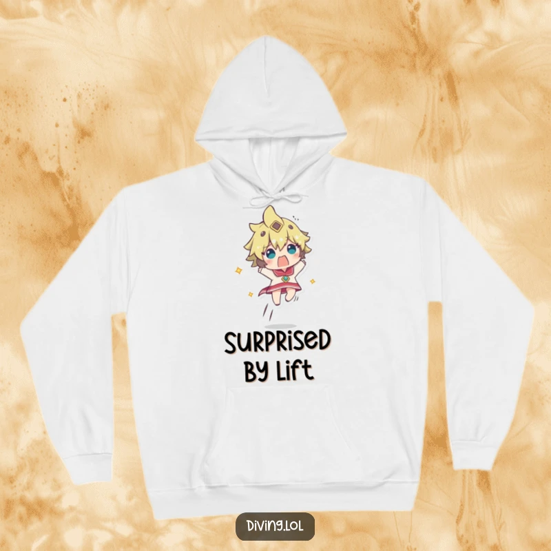 Funny hoodie showing a character ascending rapidly, looking comically startled, perfect for a cozy laugh.