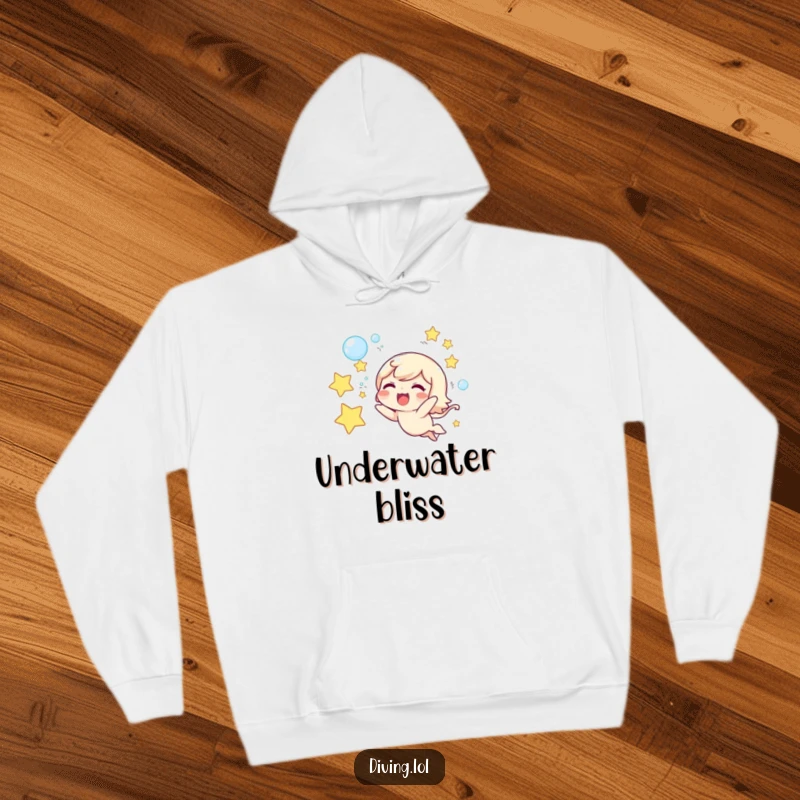 Funny hoodie featuring a cute character joyfully blowing star-shaped bubbles underwater, perfect for cozying up.