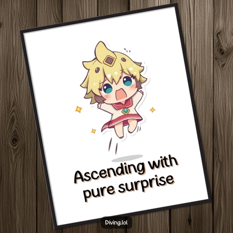 Funny free printable wall art of a character rapidly ascending with a comically startled look on its face.