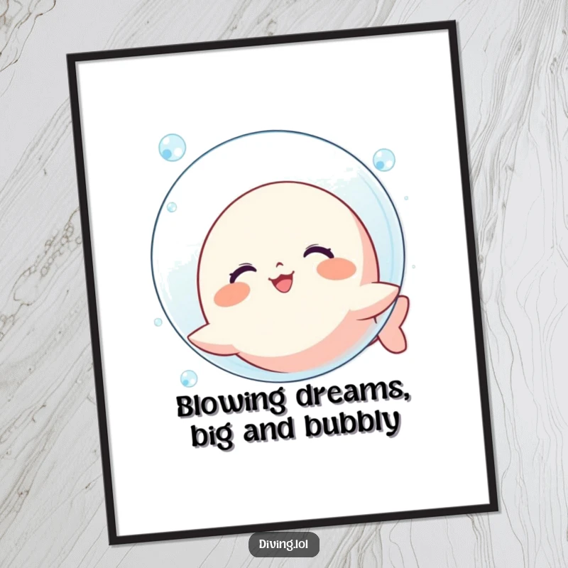 Funny Free Printable Wall Art: a kawaii character blowing a giant bubble underwater with a happy grin, a vibrant aquatic scene.