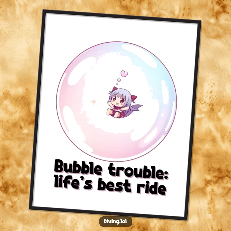 Funny Free Printable Wall Art: Small character joyfully riding giant bubble underwater, whimsical underwater scene, downloadable art.