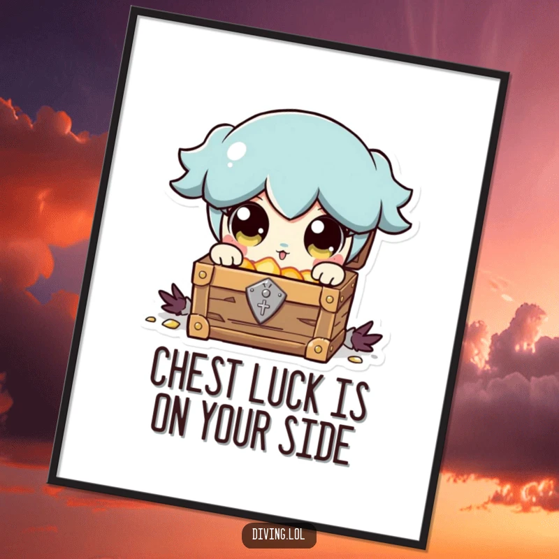 Funny Free Printable Wall Art: Character discovering a treasure chest with sparkling eyes, hilarious downloadable art for your home.