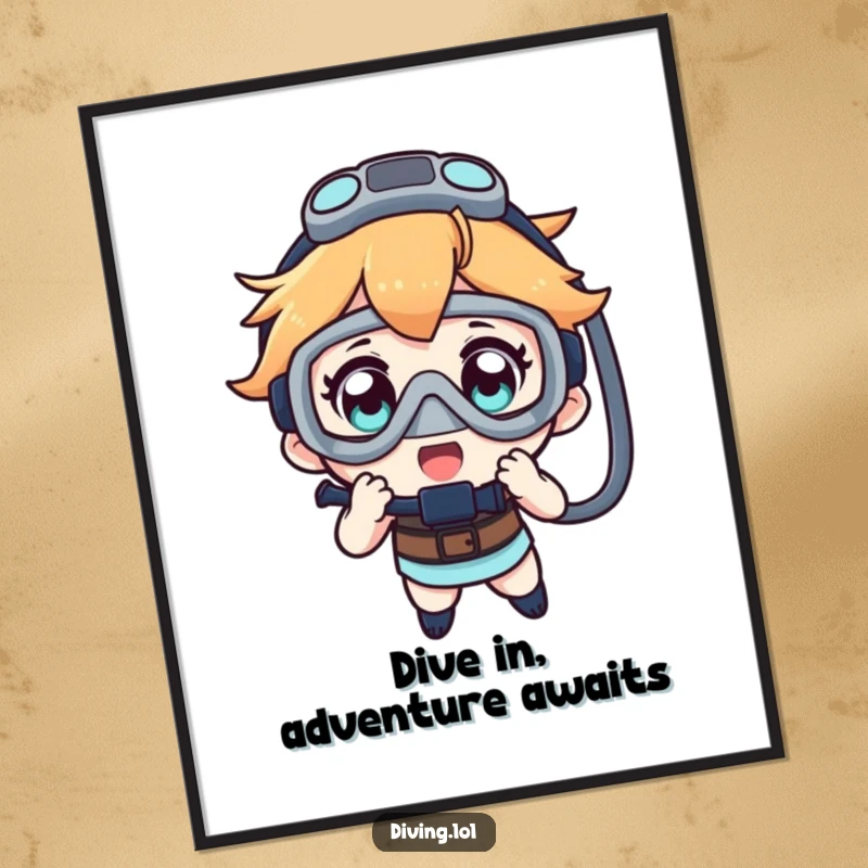 Funny Free Printable Wall Art: Excited diver character flipping through a dive mask with wide-eyed wonder, adventurous spirit.