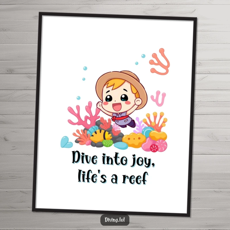 Funny Free Printable Wall Art of an enthusiastic explorer joyfully discovering a dazzling and colorful coral reef ecosystem.