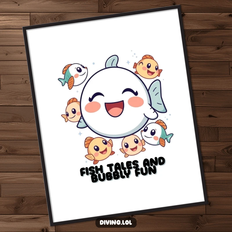 Funny Free Printable Wall Art: Bubbly icon laughing surrounded by curious fish, whimsical underwater scene, downloadable art.