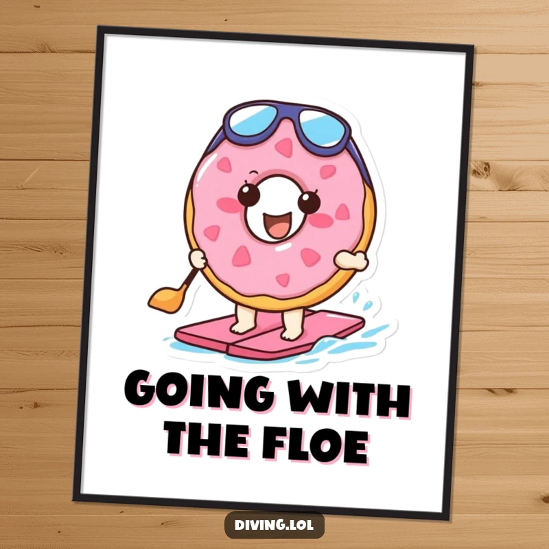 Funny Free Printable Wall Art: A cheerful donut wearing flippers, paddling enthusiastically, bringing joy to any space.