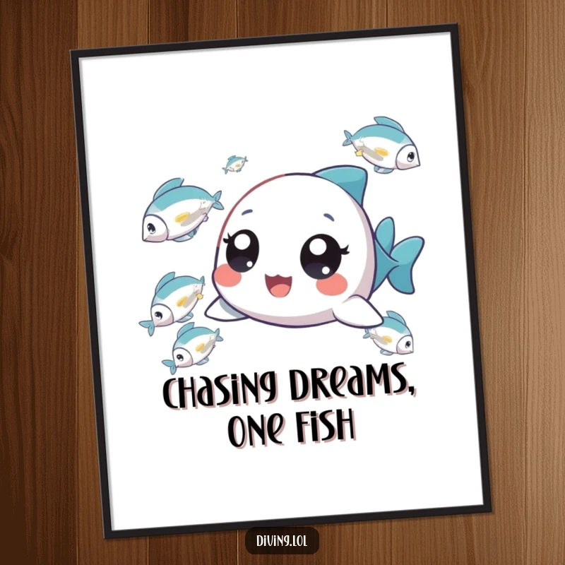 Funny Free Printable Fish Chaser Wall Art: Tiny character with wide, delighted eyes joyfully chasing a vibrant school of fish.