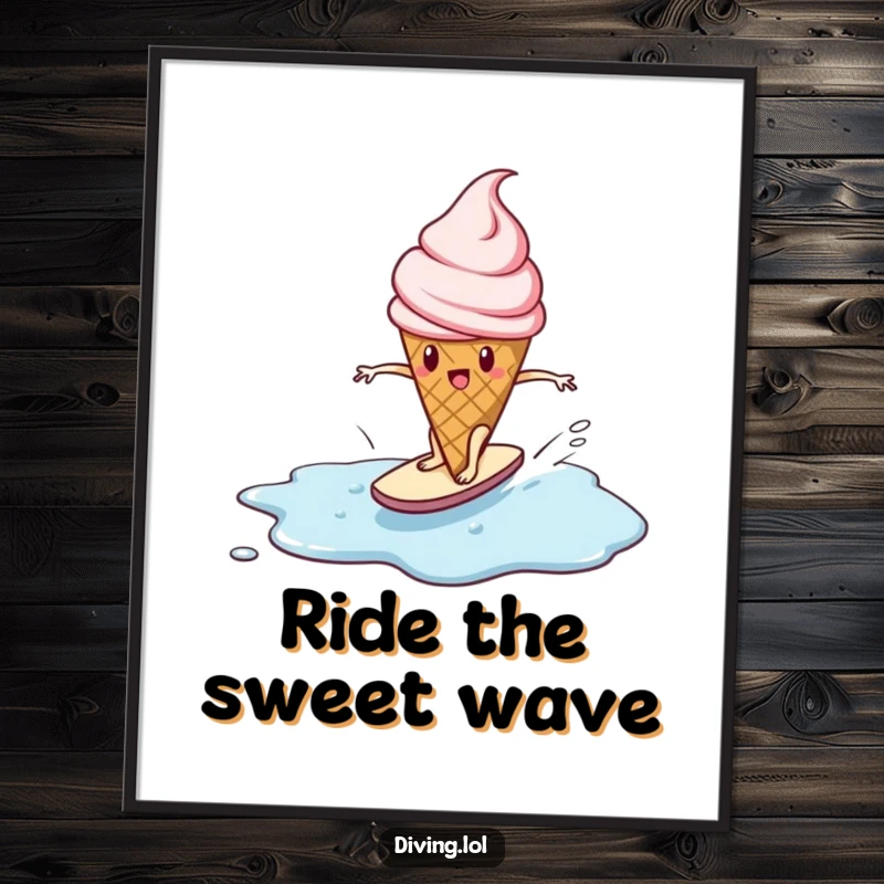 Funny Free Printable Wall Art: A determined ice cream cone character surfing a melting puddle, a cool and quirky art piece.