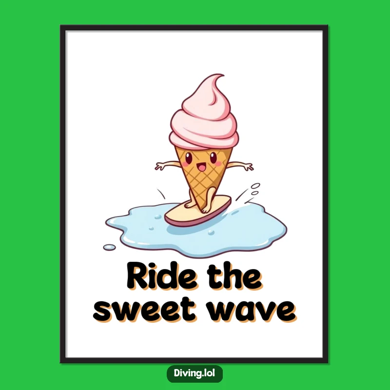 Free Printable Ice Cream Wall Art: Funny Surfing Cone Cartoon Downloadable Art Decor