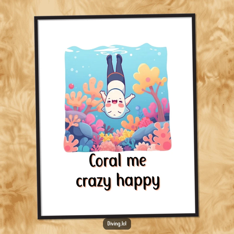 Funny Free Printable Wall Art: A character giggling upside down underwater, floating amidst vibrant, colorful coral.