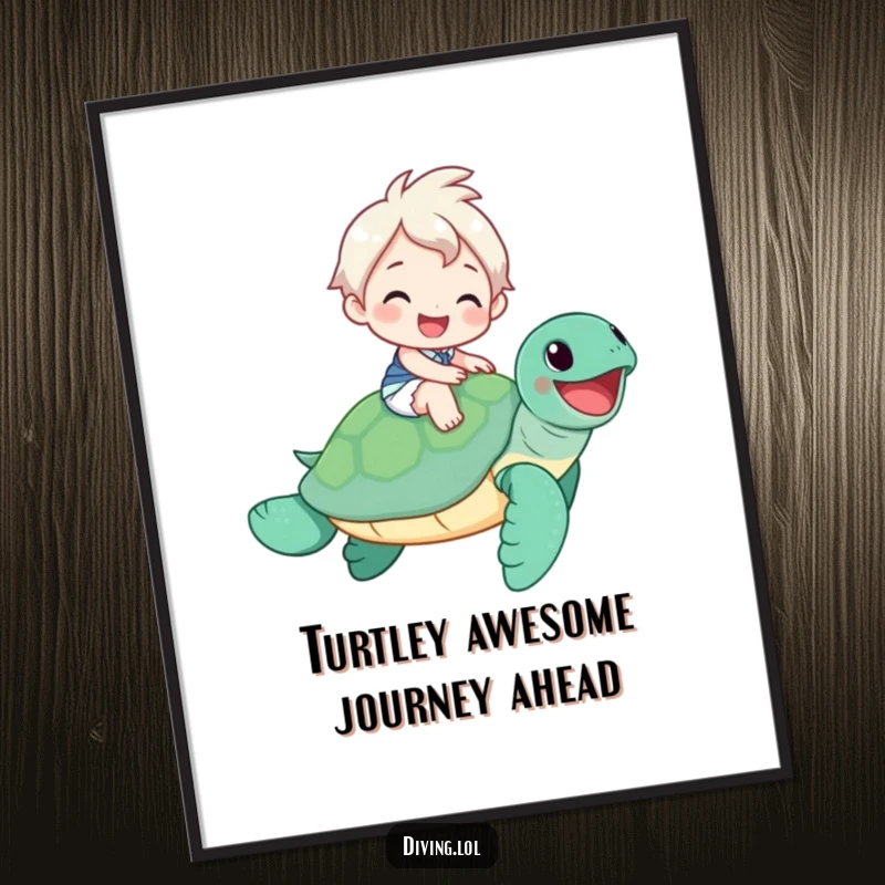Funny Free Printable Wall Art of a smiling character joyfully riding a sea turtle, evoking a happy, sunny, coastal atmosphere.