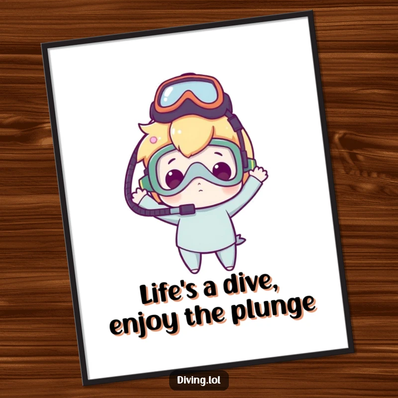 Funny Free Printable Wall Art: Character with a dive mask on head, looking delightfully clumsy and ready for fun.