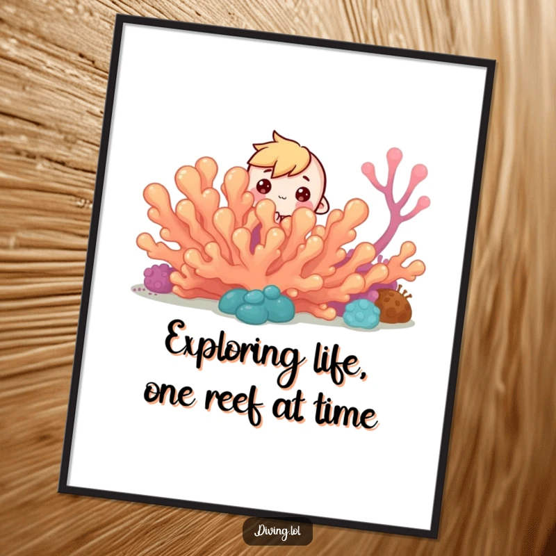 Funny Free Printable Wall Art: a tiny character peeking from behind a coral reef with curious eyes, an underwater mystery.