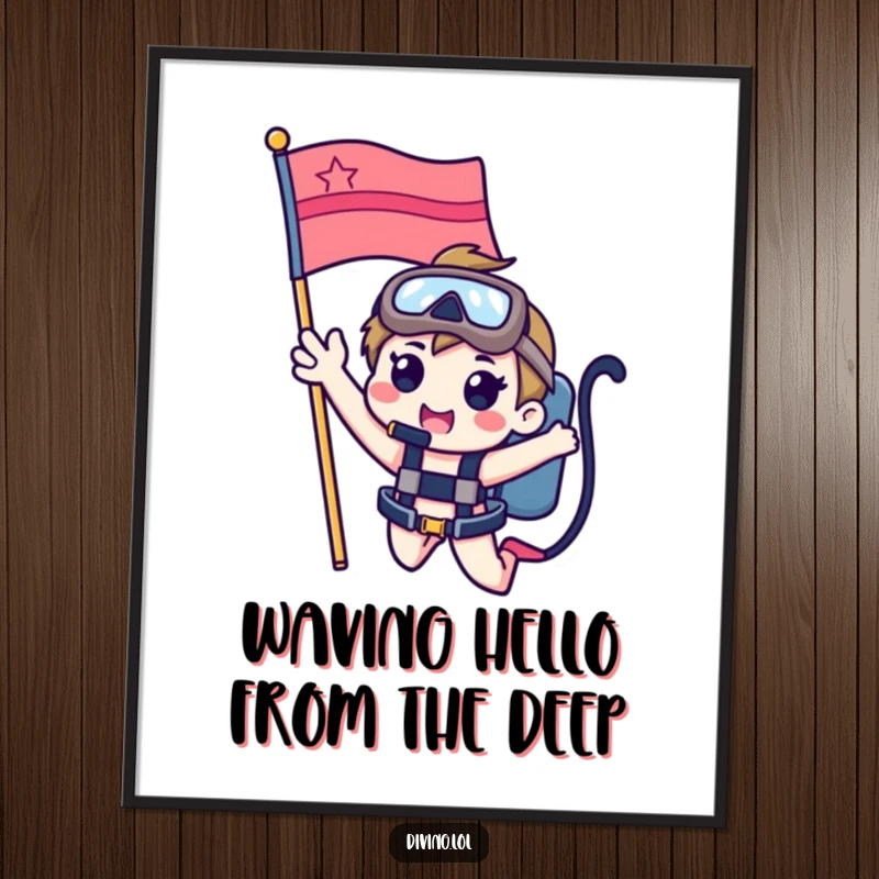 Funny Free Printable Wall Art of a cute character happily waving from the top of a bright red dive flag.