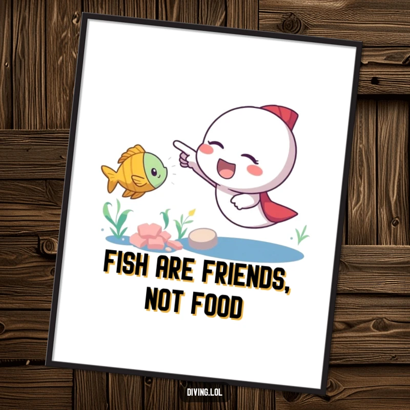 Funny Free Printable Wall Art: An excited character pointing with delight at a small, playful fish zipping by.